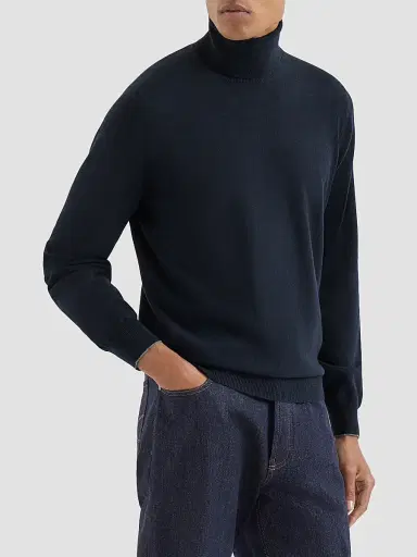 Brunello Cucinelli Men's Cashmere Turtleneck Sweater - Navy Blue | Thumbnail 3 Brunello Cucinelli Men's Cashmere Turtleneck Sweater - Navy Blue | Thumbnail 3