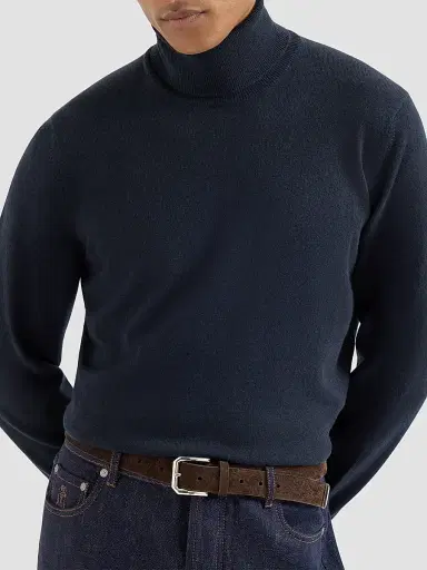 Brunello Cucinelli Men's Cashmere Turtleneck Sweater - Navy Blue | Thumbnail 5 Brunello Cucinelli Men's Cashmere Turtleneck Sweater - Navy Blue | Thumbnail 5