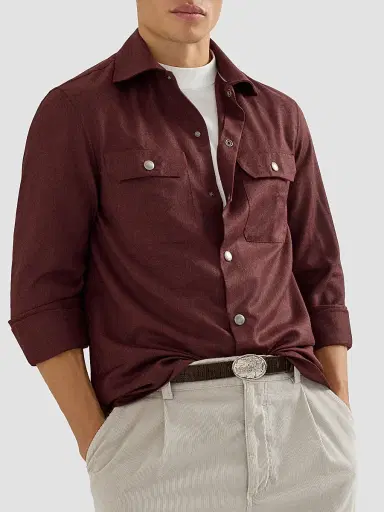 Brunello Cucinelli Men's Virgin Wool Flannel Overshirt with Spread Collar - Lava | Thumbnail 5 Brunello Cucinelli Men's Virgin Wool Flannel Overshirt with Spread Collar - Lava | Thumbnail 5