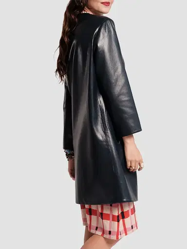 Frances Valentine Women's Mod Faux Leather Circular Pocket Jacket - Navy | Thumbnail 2 Frances Valentine Women's Mod Faux Leather Circular Pocket Jacket - Navy | Thumbnail 2