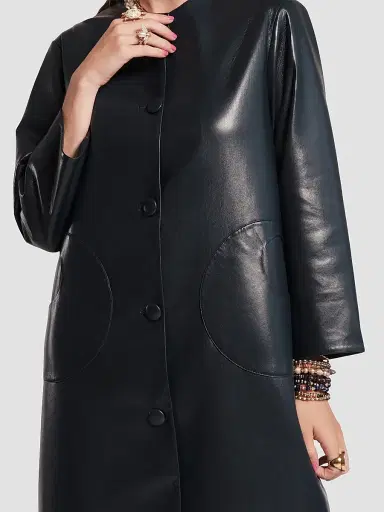 Frances Valentine Women's Mod Faux Leather Circular Pocket Jacket - Navy | Thumbnail 3 Frances Valentine Women's Mod Faux Leather Circular Pocket Jacket - Navy | Thumbnail 3