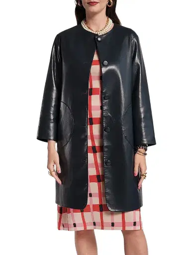 Frances Valentine Women's Mod Faux Leather Circular Pocket Jacket - Navy | Thumbnail 1 Frances Valentine Women's Mod Faux Leather Circular Pocket Jacket - Navy | Thumbnail 1
