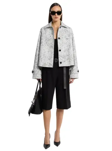 Michael Kors Collection Crackled Denim Cropped Balmacaan | Thumbnail 1 Michael Kors Collection Crackled Denim Cropped Balmacaan | Thumbnail 1