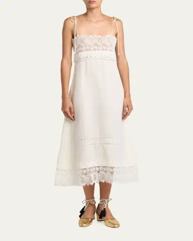 Valentino Garavani Lace-Trimmed Linen Sleeveless Midi Dress | Thumbnail 2 Valentino Garavani Lace-Trimmed Linen Sleeveless Midi Dress | Thumbnail 2