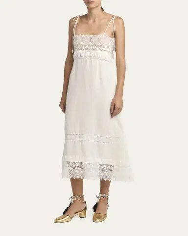 Valentino Garavani Lace-Trimmed Linen Sleeveless Midi Dress | Thumbnail 4 Valentino Garavani Lace-Trimmed Linen Sleeveless Midi Dress | Thumbnail 4