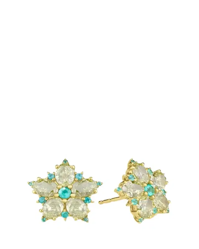 18K Yellow Gold Diamond and Paraiba Tourmaline Flower Stud Earrings 18K Yellow Gold Diamond and Paraiba Tourmaline Flower Stud Earrings