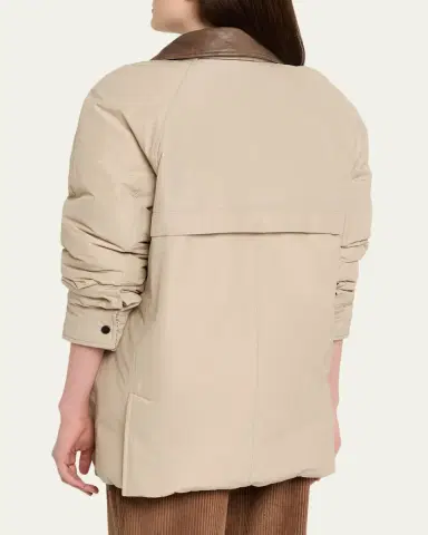 Brunello Cucinelli Leather-Collar Padded Cotton Techno Car Coat | Thumbnail 3 Brunello Cucinelli Leather-Collar Padded Cotton Techno Car Coat | Thumbnail 3