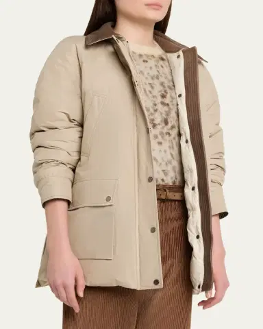 Brunello Cucinelli Leather-Collar Padded Cotton Techno Car Coat | Thumbnail 4 Brunello Cucinelli Leather-Collar Padded Cotton Techno Car Coat | Thumbnail 4