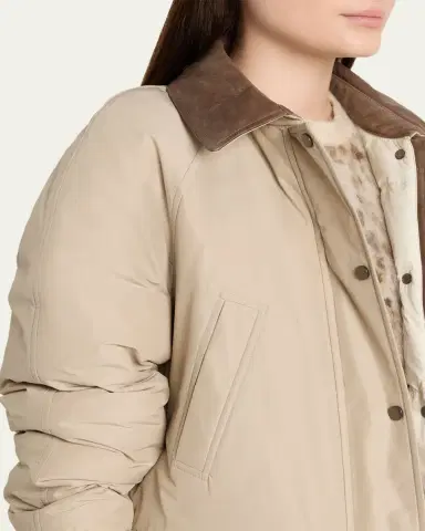 Brunello Cucinelli Leather-Collar Padded Cotton Techno Car Coat | Thumbnail 5 Brunello Cucinelli Leather-Collar Padded Cotton Techno Car Coat | Thumbnail 5