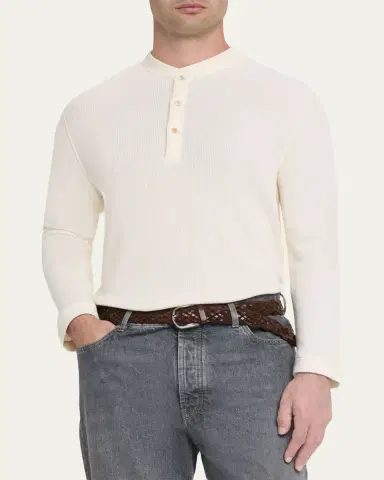 Brunello Cucinelli Men's Cashmere and Cotton Waffle-Knit Long-Sleeve Henley T-Shirt | Thumbnail 4 Brunello Cucinelli Men's Cashmere and Cotton Waffle-Knit Long-Sleeve Henley T-Shirt | Thumbnail 4
