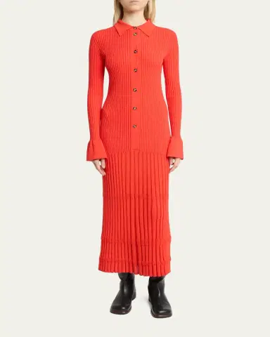 Proenza Schouler Rosario Long-Sleeve Merino Wool Pleated Knit Midi Polo Dress | Thumbnail 2 Proenza Schouler Rosario Long-Sleeve Merino Wool Pleated Knit Midi Polo Dress | Thumbnail 2
