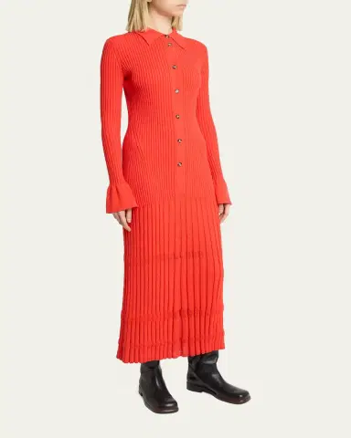 Proenza Schouler Rosario Long-Sleeve Merino Wool Pleated Knit Midi Polo Dress | Thumbnail 4 Proenza Schouler Rosario Long-Sleeve Merino Wool Pleated Knit Midi Polo Dress | Thumbnail 4