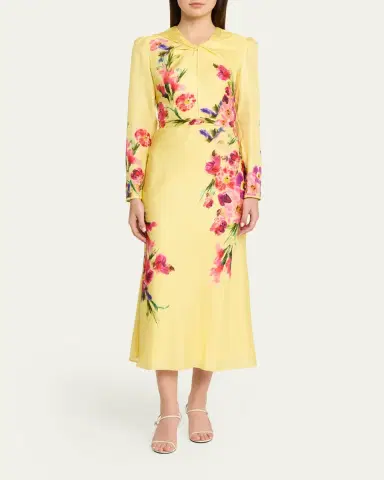 Saloni Claudia Floral Silk Long-Sleeve Fluted Midi Dress | Thumbnail 2 Saloni Claudia Floral Silk Long-Sleeve Fluted Midi Dress | Thumbnail 2
