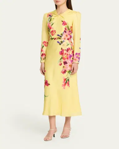 Saloni Claudia Floral Silk Long-Sleeve Fluted Midi Dress | Thumbnail 4 Saloni Claudia Floral Silk Long-Sleeve Fluted Midi Dress | Thumbnail 4