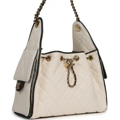 Chanel Chanel Small 25 Hobo Bag Ecru Canvas and Black Calfskin Gold Hardware | Thumbnail 2 Chanel Chanel Small 25 Hobo Bag Ecru Canvas and Black Calfskin Gold Hardware | Thumbnail 2