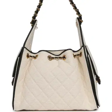 Chanel Chanel Small 25 Hobo Bag Ecru Canvas and Black Calfskin Gold Hardware | Thumbnail 4 Chanel Chanel Small 25 Hobo Bag Ecru Canvas and Black Calfskin Gold Hardware | Thumbnail 4