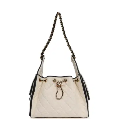 Chanel Chanel Small 25 Hobo Bag Ecru Canvas and Black Calfskin Gold Hardware | Thumbnail 6 Chanel Chanel Small 25 Hobo Bag Ecru Canvas and Black Calfskin Gold Hardware | Thumbnail 6