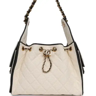 Chanel Chanel Small 25 Hobo Bag Ecru Canvas and Black Calfskin Gold Hardware | Thumbnail 1 Chanel Chanel Small 25 Hobo Bag Ecru Canvas and Black Calfskin Gold Hardware | Thumbnail 1