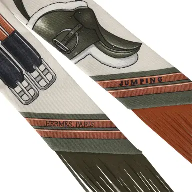 HERMÈS Hermes "Jumping Leather" Crème, Kaki and Beige Dore Fringe Silk Twilly | Thumbnail 3 HERMÈS Hermes "Jumping Leather" Crème, Kaki and Beige Dore Fringe Silk Twilly | Thumbnail 3