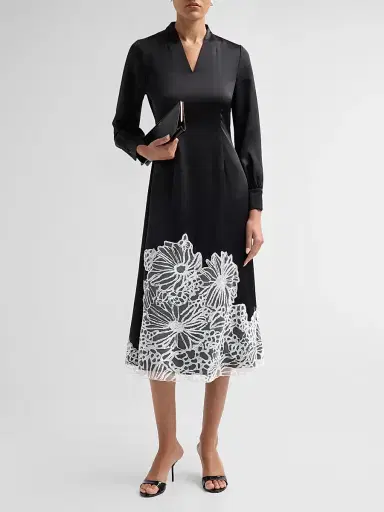 Misook Women's Lace-Appliqué Crepe De Chine Midi Dress - Black White | Thumbnail 2 Misook Women's Lace-Appliqué Crepe De Chine Midi Dress - Black White | Thumbnail 2