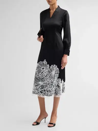 Misook Women's Lace-Appliqué Crepe De Chine Midi Dress - Black White | Thumbnail 4 Misook Women's Lace-Appliqué Crepe De Chine Midi Dress - Black White | Thumbnail 4