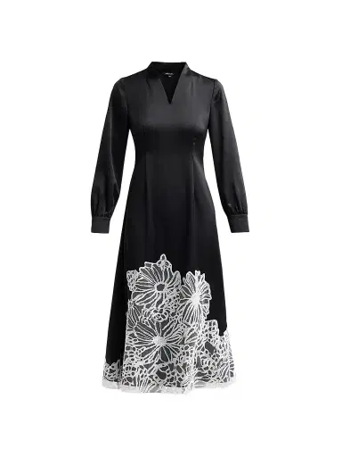 Misook Women's Lace-Appliqué Crepe De Chine Midi Dress - Black White | Thumbnail 1 Misook Women's Lace-Appliqué Crepe De Chine Midi Dress - Black White | Thumbnail 1