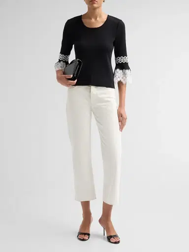 Misook Women's Lace Appliqué Soft Knit Top - Black White | Thumbnail 2 Misook Women's Lace Appliqué Soft Knit Top - Black White | Thumbnail 2