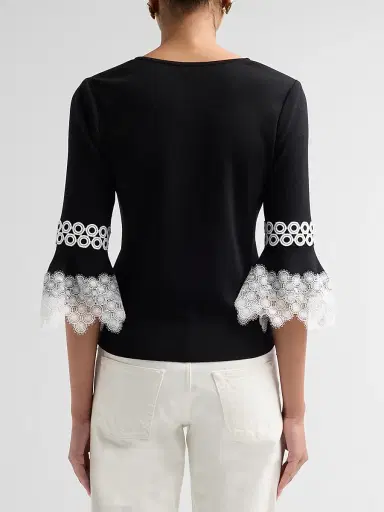 Misook Women's Lace Appliqué Soft Knit Top - Black White | Thumbnail 3 Misook Women's Lace Appliqué Soft Knit Top - Black White | Thumbnail 3