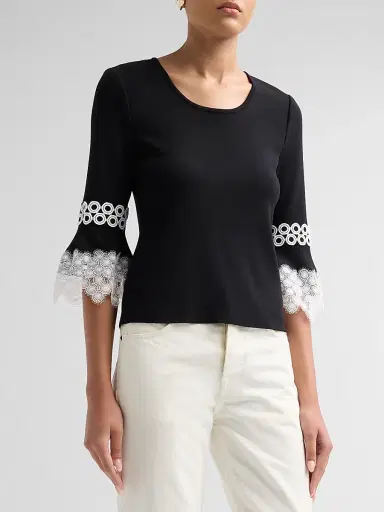 Misook Women's Lace Appliqué Soft Knit Top - Black White | Thumbnail 4 Misook Women's Lace Appliqué Soft Knit Top - Black White | Thumbnail 4