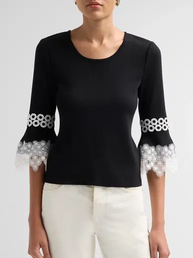 Misook Women's Lace Appliqué Soft Knit Top - Black White | Thumbnail 5 Misook Women's Lace Appliqué Soft Knit Top - Black White | Thumbnail 5