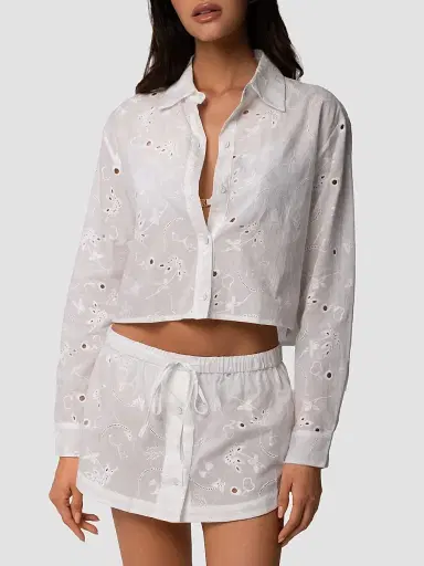 Kiki de Montparnasse Women's Simone Eyelet Linen-Cotton Crop Shirt - | Thumbnail 2 Kiki de Montparnasse Women's Simone Eyelet Linen-Cotton Crop Shirt - | Thumbnail 2
