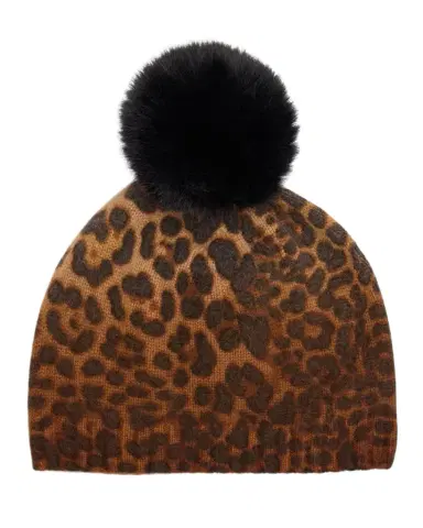 Sofia Cashmere Leopard Print Cashmere & Faux Fur Pom Beanie | Thumbnail 1 Sofia Cashmere Leopard Print Cashmere & Faux Fur Pom Beanie | Thumbnail 1