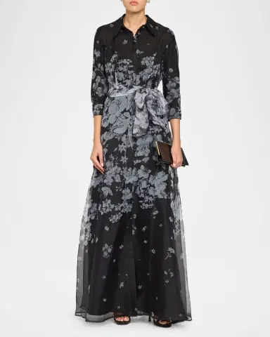 Rickie Freeman for Teri Jon Floral Organza Tie-Waist Shirt Gown | Thumbnail 2 Rickie Freeman for Teri Jon Floral Organza Tie-Waist Shirt Gown | Thumbnail 2