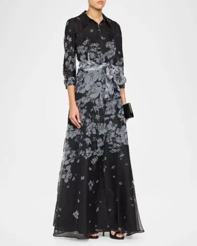Rickie Freeman for Teri Jon Floral Organza Tie-Waist Shirt Gown | Thumbnail 4 Rickie Freeman for Teri Jon Floral Organza Tie-Waist Shirt Gown | Thumbnail 4