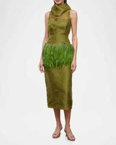 Staud Bisou Feather-Trim Midi Dress | Thumbnail 2 Staud Bisou Feather-Trim Midi Dress | Thumbnail 2