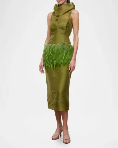 Staud Bisou Feather-Trim Midi Dress | Thumbnail 4 Staud Bisou Feather-Trim Midi Dress | Thumbnail 4