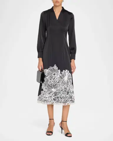Misook Fit & Flare Lace Crepe de Chine Midi Dress | Thumbnail 2 Misook Fit & Flare Lace Crepe de Chine Midi Dress | Thumbnail 2