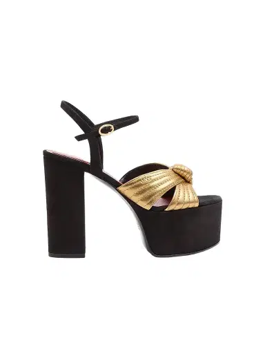Valentino Garavani Women's Crasher Platform 5MM Sandals in Suede - Black Gold | Thumbnail 1 Valentino Garavani Women's Crasher Platform 5MM Sandals in Suede - Black Gold | Thumbnail 1