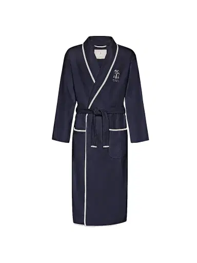 Brunello Cucinelli Women's Cotton Terrycloth Bathrobe with Linen Trims - Navy Blue | Thumbnail 1 Brunello Cucinelli Women's Cotton Terrycloth Bathrobe with Linen Trims - Navy Blue | Thumbnail 1
