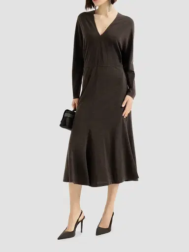 Brunello Cucinelli Women's Techno Wool Jersey Dress with Monili - Coffee | Thumbnail 2 Brunello Cucinelli Women's Techno Wool Jersey Dress with Monili - Coffee | Thumbnail 2