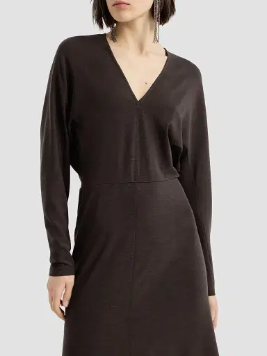 Brunello Cucinelli Women's Techno Wool Jersey Dress with Monili - Coffee | Thumbnail 5 Brunello Cucinelli Women's Techno Wool Jersey Dress with Monili - Coffee | Thumbnail 5