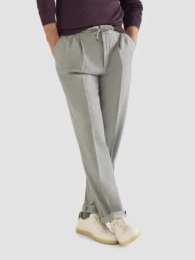 Brunello Cucinelli Men's Virgin Wool Flannel Trousers with Drawstring and Double Pleats | Thumbnail 5 Brunello Cucinelli Men's Virgin Wool Flannel Trousers with Drawstring and Double Pleats | Thumbnail 5
