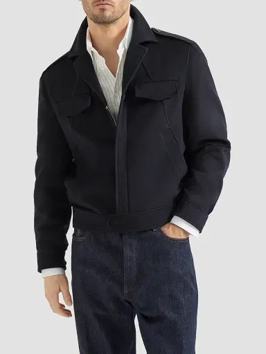 Brunello Cucinelli Men's Lightweight Virgin Wool Cloth Outerwear Jacket with Chest Pockets - Navy Blue | Thumbnail 3 Brunello Cucinelli Men's Lightweight Virgin Wool Cloth Outerwear Jacket with Chest Pockets - Navy Blue | Thumbnail 3