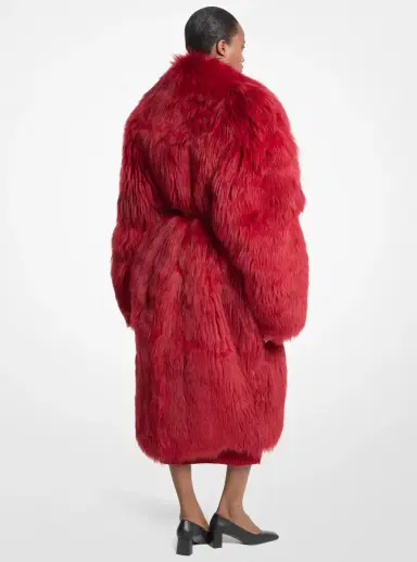 Michael Kors Collection Belted Shearling Shawl Collar Coat in Red | Thumbnail 2 Michael Kors Collection Belted Shearling Shawl Collar Coat in Red | Thumbnail 2