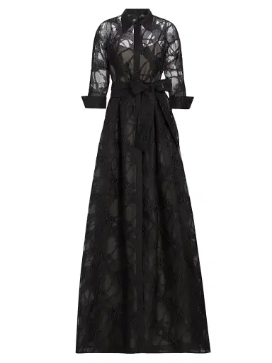 Teri Jon by Rickie Freeman Women's Web Organza Shirtwaist Gown - Black Beige | Thumbnail 1 Teri Jon by Rickie Freeman Women's Web Organza Shirtwaist Gown - Black Beige | Thumbnail 1