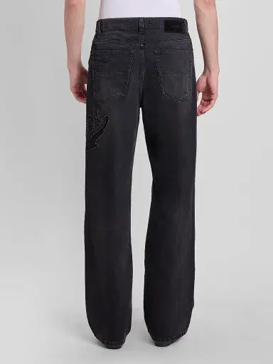 AMIRI Men's Hollywood Logo Embellished Cotton Wide-Leg Jeans - Vintage Black | Thumbnail 3 AMIRI Men's Hollywood Logo Embellished Cotton Wide-Leg Jeans - Vintage Black | Thumbnail 3