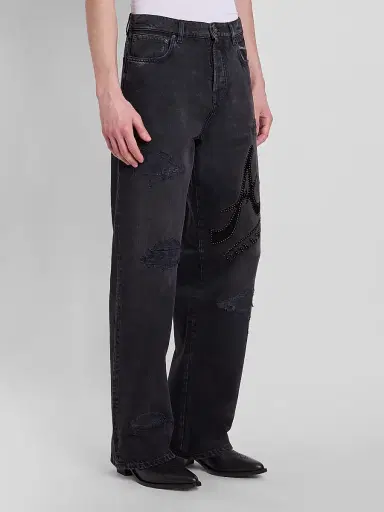 AMIRI Men's Hollywood Logo Embellished Cotton Wide-Leg Jeans - Vintage Black | Thumbnail 4 AMIRI Men's Hollywood Logo Embellished Cotton Wide-Leg Jeans - Vintage Black | Thumbnail 4