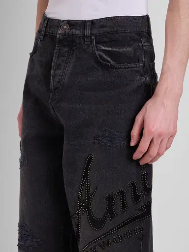 AMIRI Men's Hollywood Logo Embellished Cotton Wide-Leg Jeans - Vintage Black | Thumbnail 5 AMIRI Men's Hollywood Logo Embellished Cotton Wide-Leg Jeans - Vintage Black | Thumbnail 5