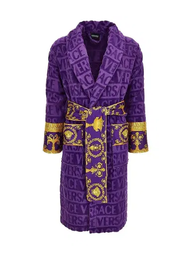 Versace Men's Logo Borocco-Trim Cotton Robe - Purple T | Thumbnail 1 Versace Men's Logo Borocco-Trim Cotton Robe - Purple T | Thumbnail 1