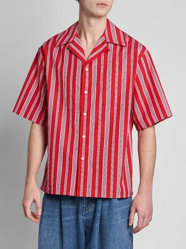 Marni Men's Striped Cotton-Blend Camp Shirt - Lacquer | Thumbnail 4 Marni Men's Striped Cotton-Blend Camp Shirt - Lacquer | Thumbnail 4